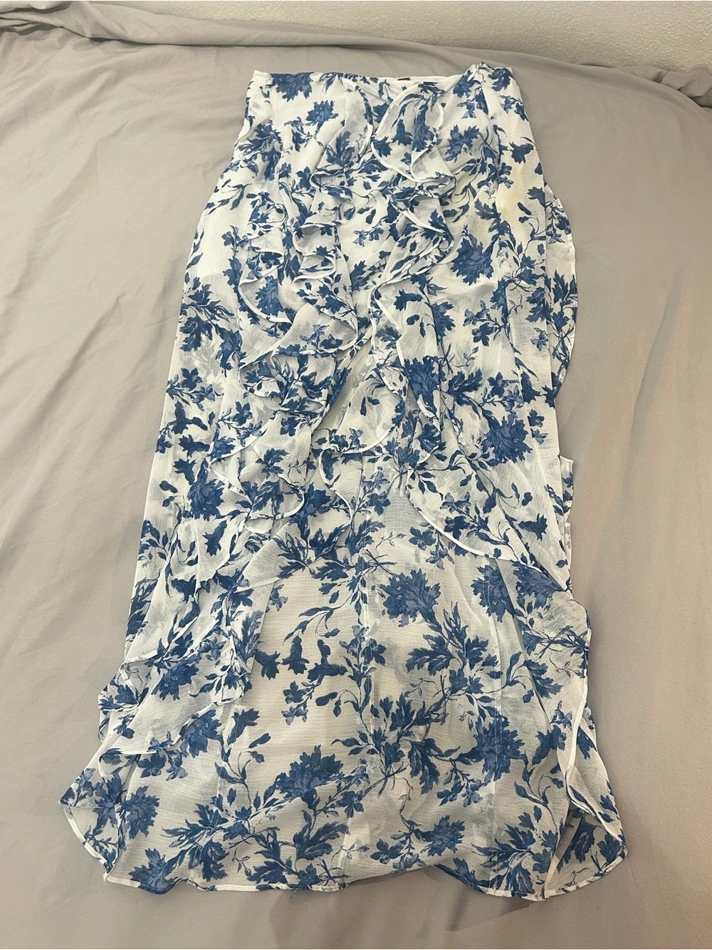 Free People White Midi Skirt with Blue Floral Ruffle